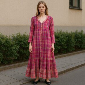 Anthropologie Tiered Maxi Dress Boho Cottagecore Prairie Multi Plaid Cotton S